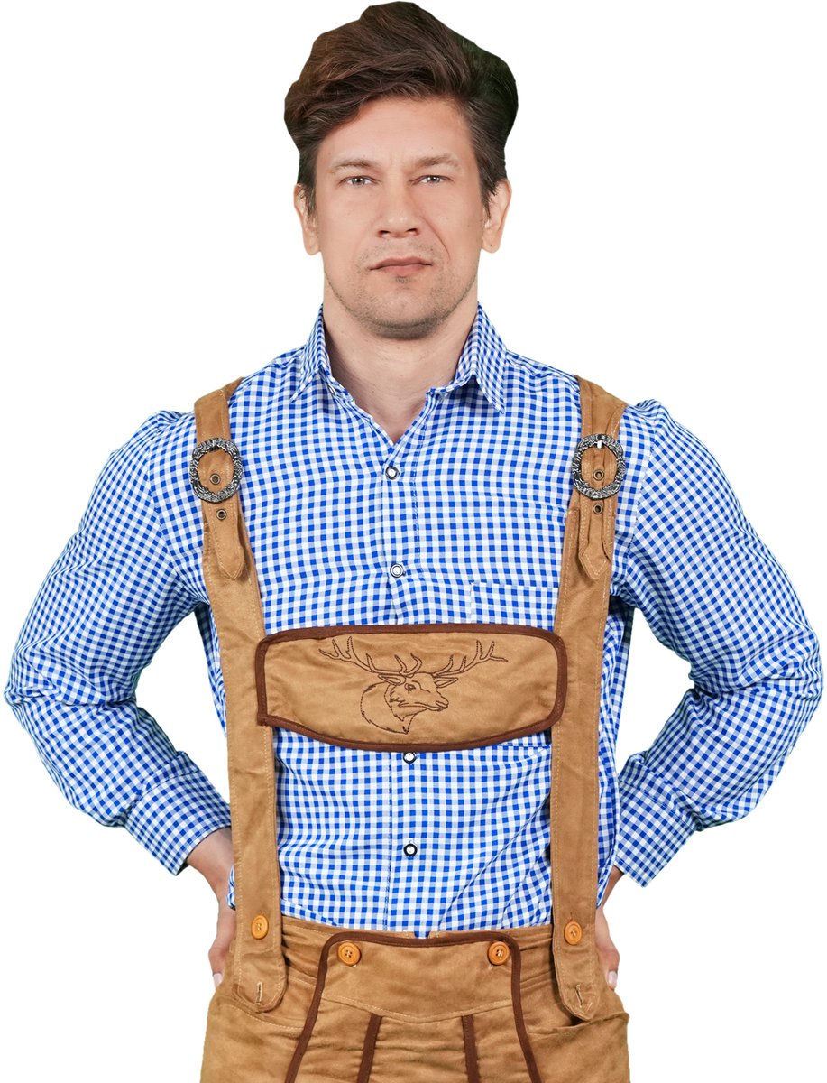 Zebra & Friends Anton Blue - Maat 50 - Tirolerhemd - Oktoberfest Heren - Geruit Hemd - Themafeesten - Verkleedkleren voor Mannen - Carnavalskleren - Blauw met Wit