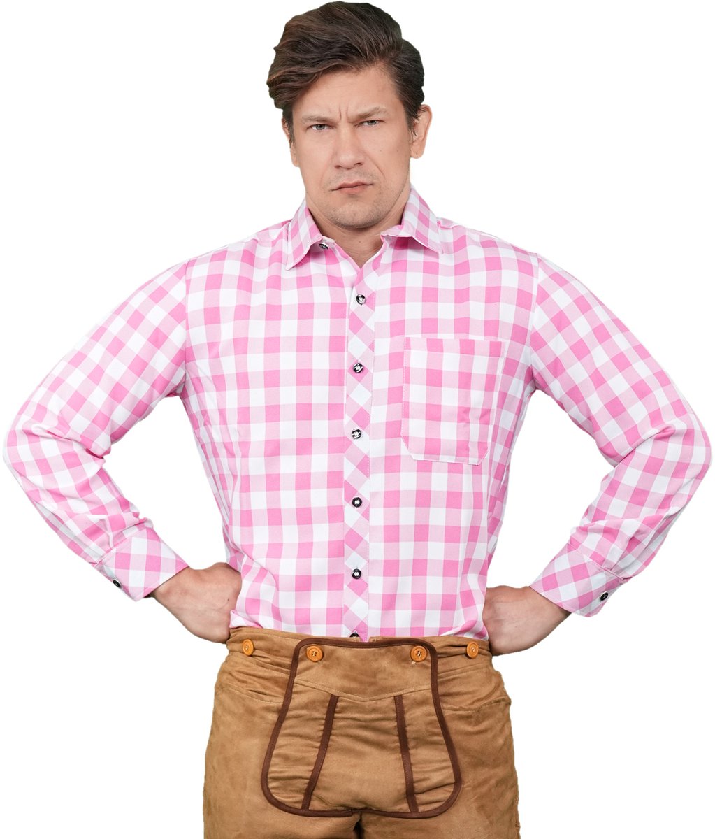 Zebra & Friends Franz - Maat 56 - Tirolerhemd - Oktoberfest Heren - Geruit Hemd - Themafeesten - Verkleedkleren voor Mannen - Carnavalskleren - Roze met Wit