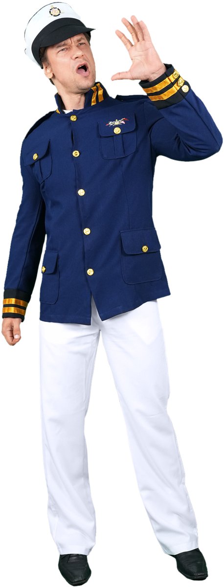Zebra & Friends kapitein Kostuum - Maat 54-M/L -- 3-delig - Carnavalskleding - Marine kostuum - Verkleedkleren voor Volwassenen - Blauw/Wit - Love boat - Themafeesten Navy - Kapiteinspak - Schlagerfestival