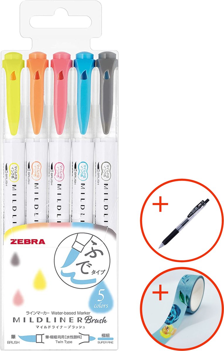 Zebra Mildliner - Brush pennen - Dubbelzijdig - Friendly kleuren - Set van 5 - Met Zebra Sarasa Clip pen zwart en gratis RED PANDA washi tape