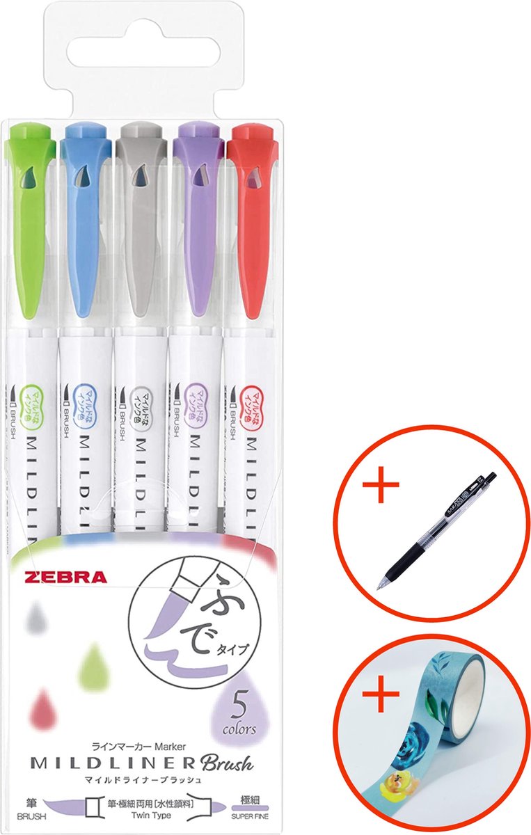 Zebra Mildliner - Brush pennen - Dubbelzijdig - Koele kleuren - Set van 5 - Met Zebra Sarasa Clip pen zwart en gratis RED PANDA washi tape