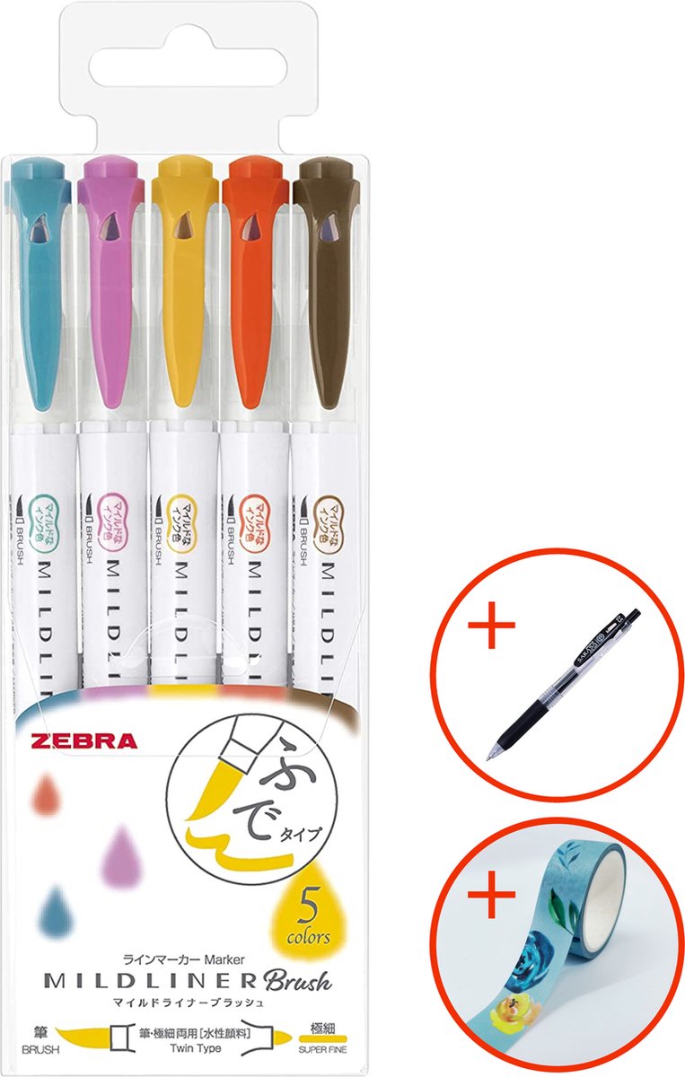 Zebra Mildliner - Brush pennen - Dubbelzijdig - Warme kleuren - Set van 5 - Met Zebra Sarasa Clip pen zwart en gratis RED PANDA washi tape