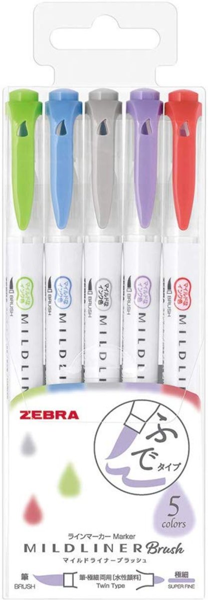 Zebra Mildliner Twin Tip Highlighters Brush - Brush / Extra Fine - Cool Color Set van 5 in Zipperbag