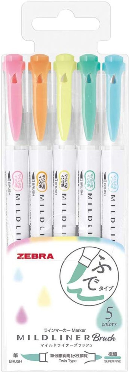 Zebra Mildliner Twin Tip Highlighters Brush - Brush / Extra Fine – Pastel Color Set van 5 in een  Zipperbag