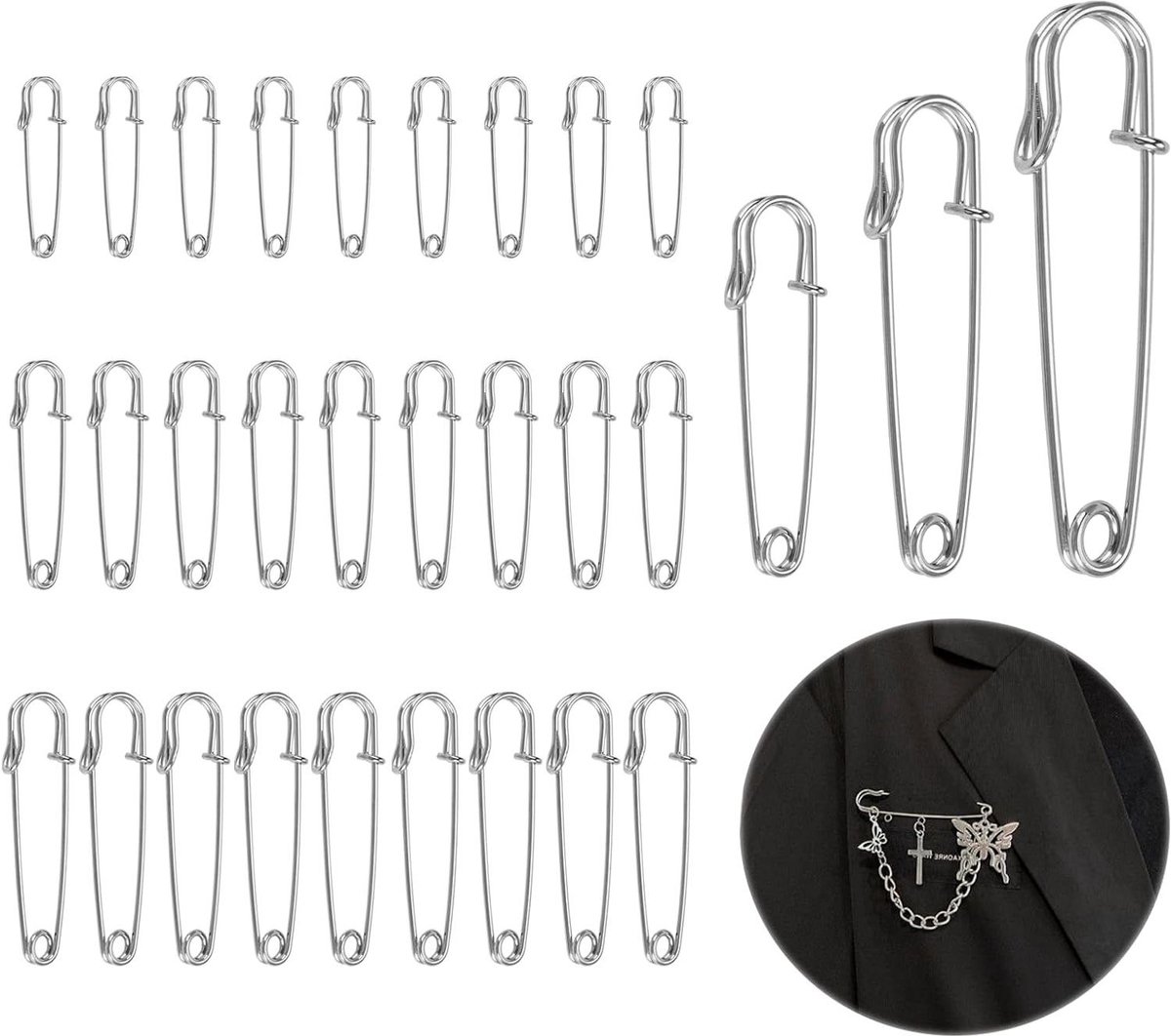 Veiligheidsspelden Set - 30 Stuks - Groot Zilver - Kleding Quilten Kunsthandwerk - Charms Dekens Rokken Sjaal