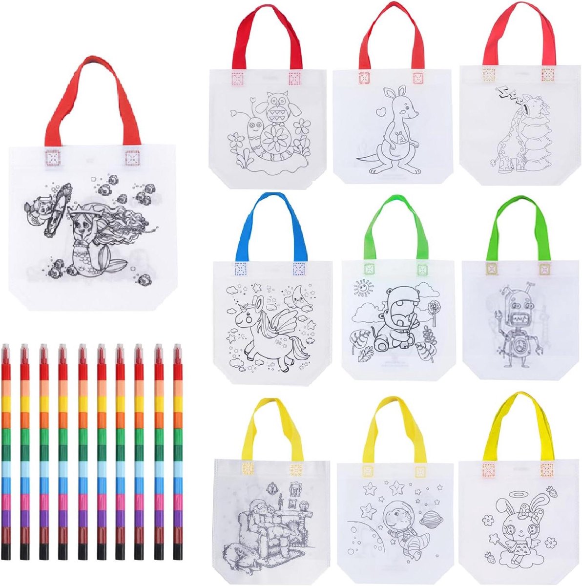   - 10 stuks Kinderen Schilderen Canvas Tas met Stapelbare Kleurpotloden - Creatief DIY Knutsel Feesttas - 12 Kleuren Bouwstenen Kleurpotloden voor Kinderen - Verjaardagscadeau Speelgoed
