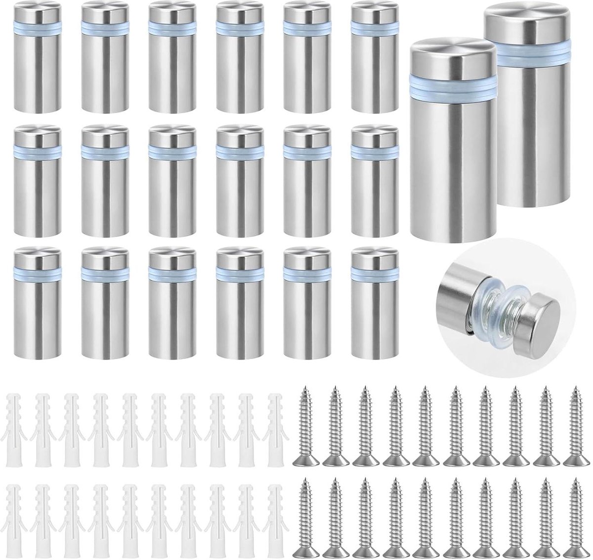   - Afstandhouders voor muurbevestiging roestvrij staal 12 × 25 mm - set van 20 - inclusief schroeven - zilveren spiegel- en bordhouder