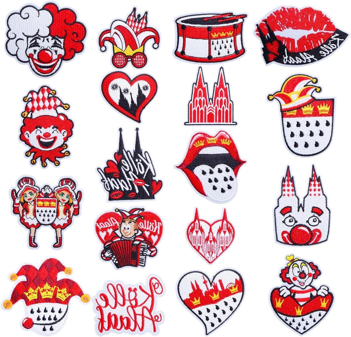   - Carnavalpatches rood en wit 18 stuks voor carnaval en kostuums met strijkplaatjes van Keulen