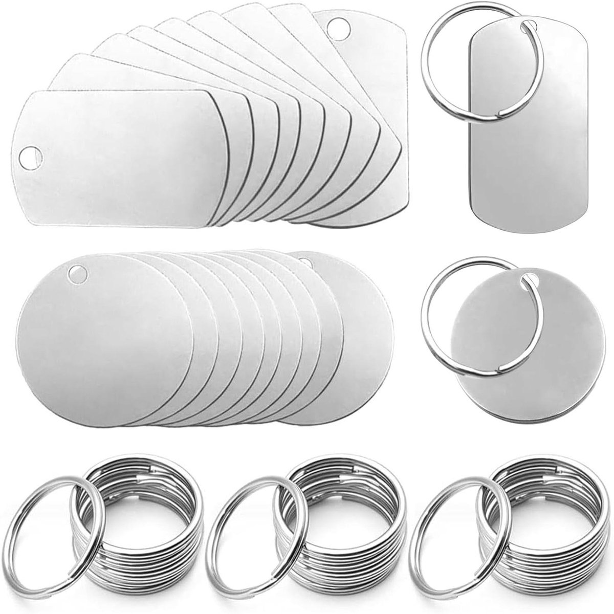   - Roestvrijstalen hangers 20 stuks - Onbewerkte hondenlabels en sleutelhangers - Blanco - Doe-het-zelf projecten - 40 stuks sleutelringen - Knutselwerk - Zilver