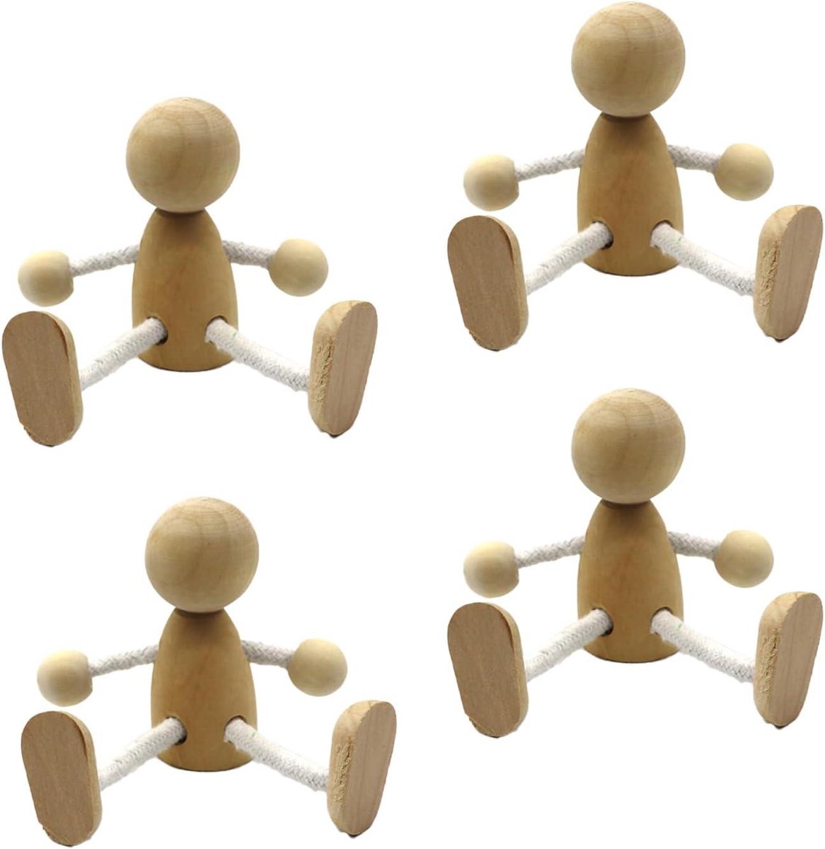   - Set van 4 houten poppen om te beschilderen - Knutseldecoratie voor Kerst - Verstelbare ornamenten - Natuurlijk hout - Niet geperforeerd.