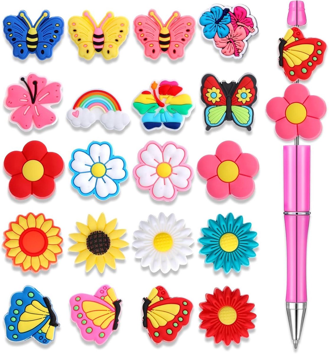   - Siliconen Vlinder Bloemen Focal Kralen - DIY Kraal Pennen en Sleutelhanger - Kleurrijk en Leuk - Set van 20 stuks