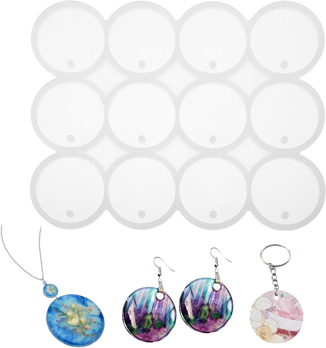   - Siliconen epoxyhars vormen voor sleutelhangers en sieraden - Set van 12 stuks met ronde vorm en gaten - ideaal voor DIY hangers, oorbellen en sieradenetiketten