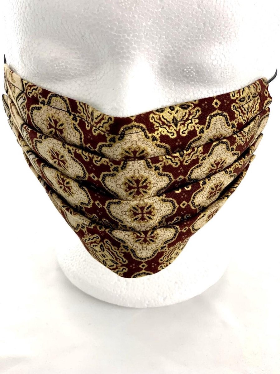 Goud/Bordeaux Rood Batik Mondkapje 100% Katoen Gezichtsmasker Dubbellaags Herbruikbaar