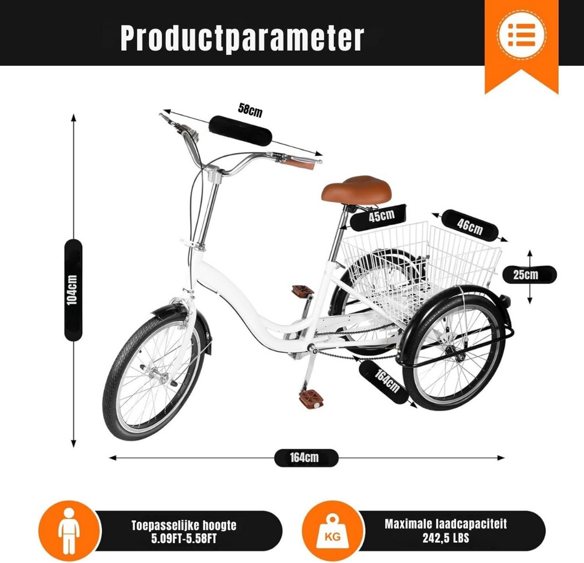    Volwassenen - Geschikt voor Volwassenen - Inclusief Fiestmand - 20 Inch - 3 Wielen - 165x65x105cm - Wit