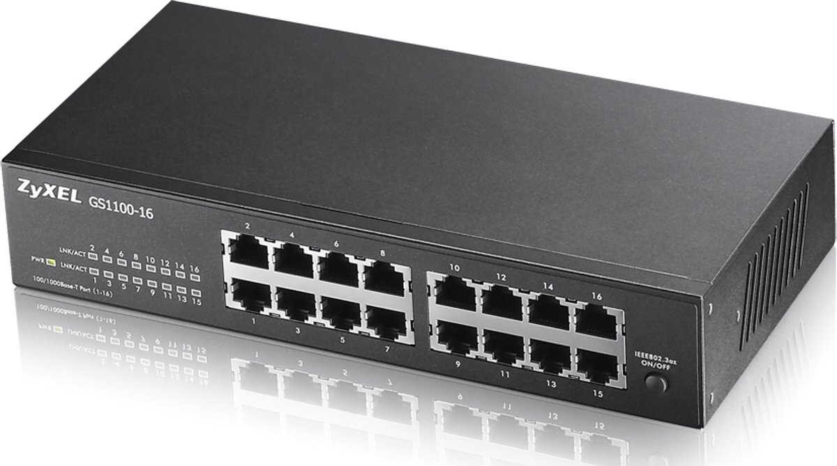 16p switch 10/100/1000 Mbps RJ-45 NWay ports MDI/MDI-X auto crossover flow control Energy Efficient Ethernet