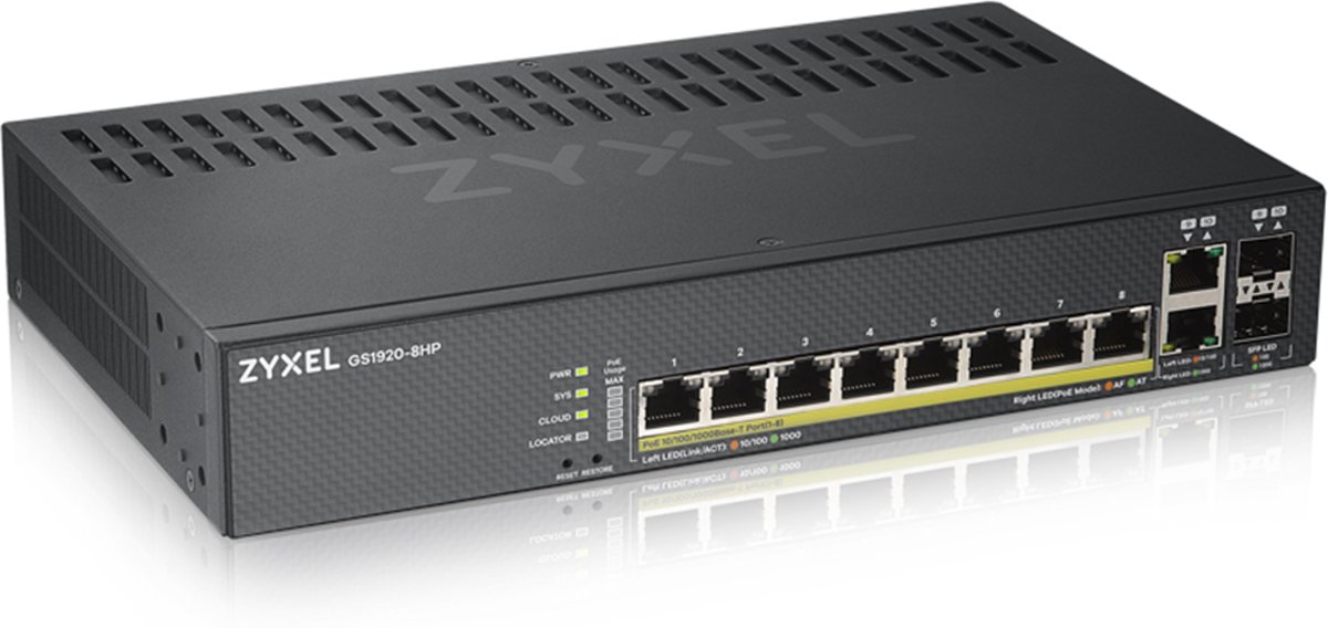 Zyxel GS1920-8HPv2 - 8-Poorten Gigabit Ethernet Smart Managed PoE+ Switch met 130 Watt Budget en 2 Gigabit Combo Ports en Hybrid Cloud mode