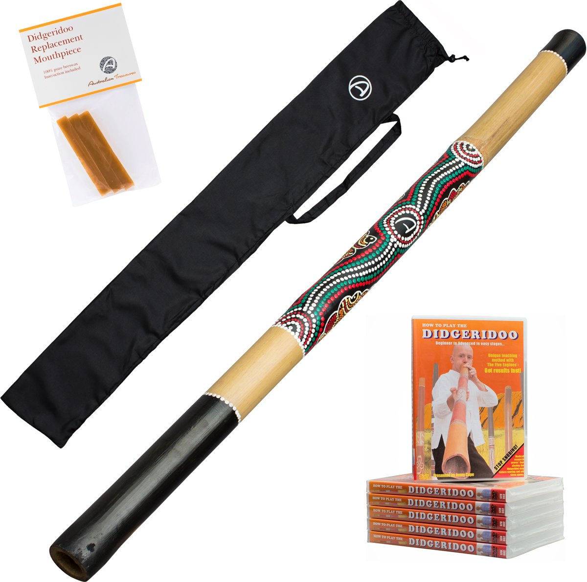 Starterspakket Australian Treasures Bamboe Didgeridoo (natural) + Bag + DvD + Wax