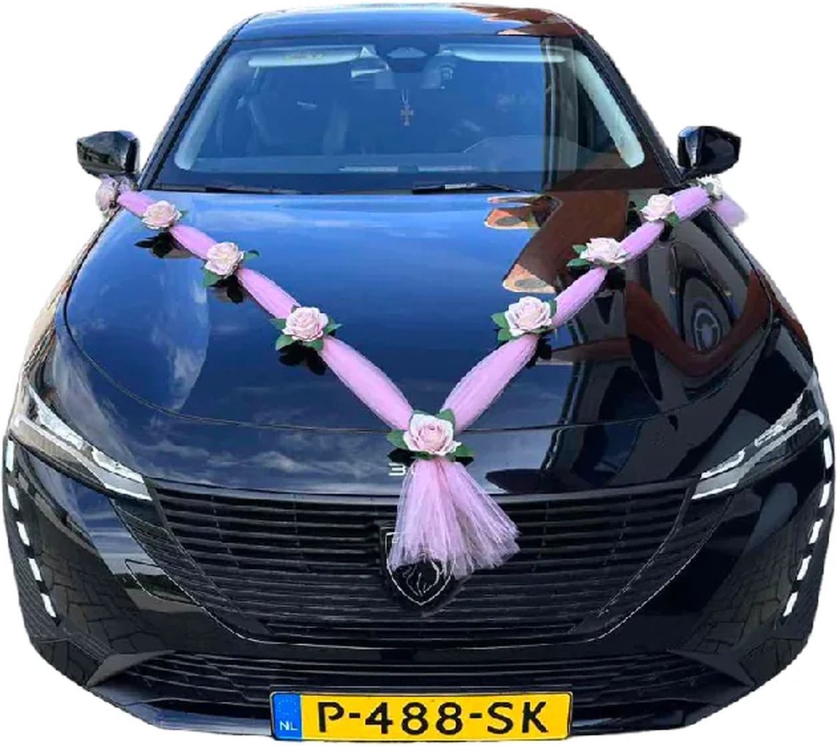 AUTODECO.NL - ALEXA Auto Versiering Bruiloft - Trouwauto Decoratie Roze Lint - Autodecoratie - Witte licht roze Rozen & Tule - Motorkap Versiering - Autobloemstuk Bruiloft - Bloemen op de Auto - Bloemen op de Motorkap - Trouwerij - Huwelijk