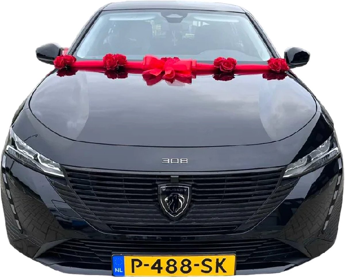 AUTODECO.NL - ANDREA Auto Versiering Bruiloft - Trouwauto Decoratie Rode Linten - Autodecoratie - Rode Rozen & Tule - Motorkap Versiering - Autobloemstuk Bruiloft - Bloemen op de Auto - Bloemen op de Motorkap - Trouwerij - Huwelijk