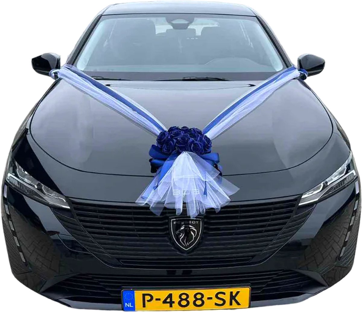 AUTODECO.NL - Luxe trouwauto decoratie Alma royal blauw - bruiloft auto decoratie - huwelijks autodecoratie - trouwen decoratie - trouwauto versiering