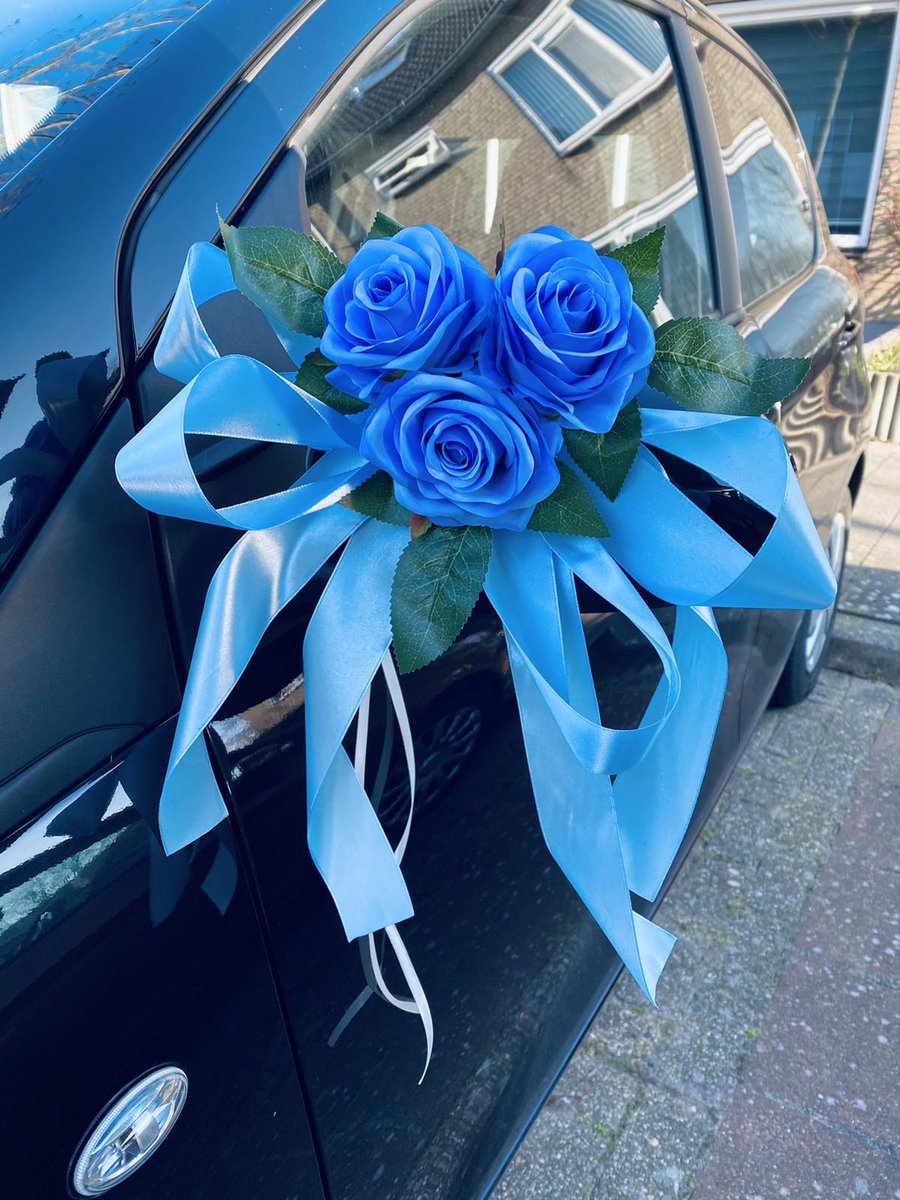 MIA BLAUW Trouwauto Versiering Blauwe Rozen met Linten - Bloemen op de Auto Bruiloft - Buitenspiegels Decoratie - Trouwerij/ Huwelijk/Bruiloft Decoratie/ Versiering Spiegel Auto/ Autoversiering voor Volgautos