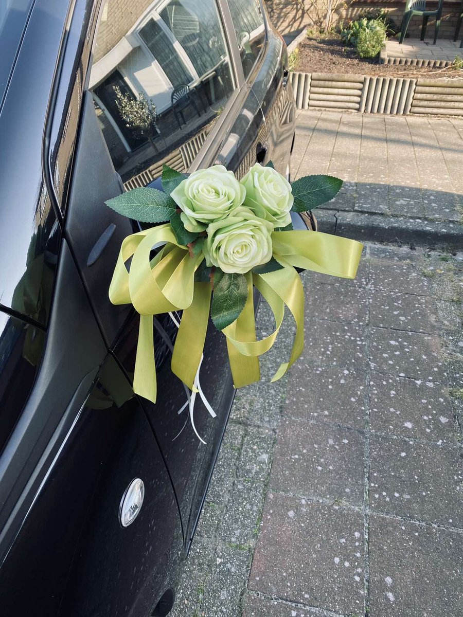 MIA GROEN Trouwauto Versiering Groene Rozen met Linten - Bloemen op de Auto Bruiloft - Buitenspiegels Decoratie - Trouwerij/ Huwelijk/Bruiloft Decoratie/ Versiering Spiegel Auto/ Autoversiering voor Volgautos