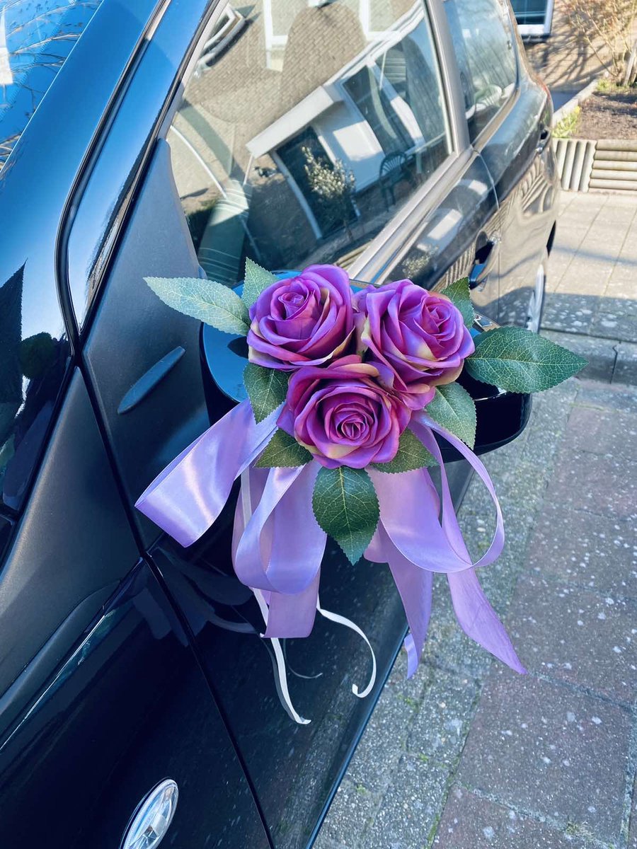 MIA PAARS Trouwauto Versiering Parse Rozen met Linten - Bloemen op de Auto Bruiloft - Buitenspiegels Decoratie - Trouwerij/ Huwelijk/Bruiloft Decoratie/ Versiering Spiegel Auto/ Autoversiering voor Volgautos