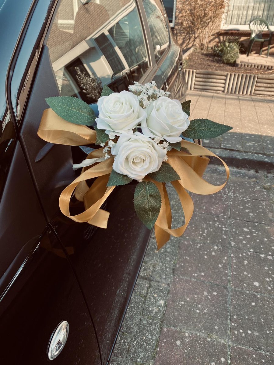 MIA WIT & GOUD Trouwauto Versiering Witte Rozen met Linten - Bloemen op de Auto Bruiloft - Buitenspiegels Decoratie - Trouwerij/ Huwelijk/Bruiloft Decoratie/ Versiering Spiegel Auto/ Autoversiering voor Volgautos