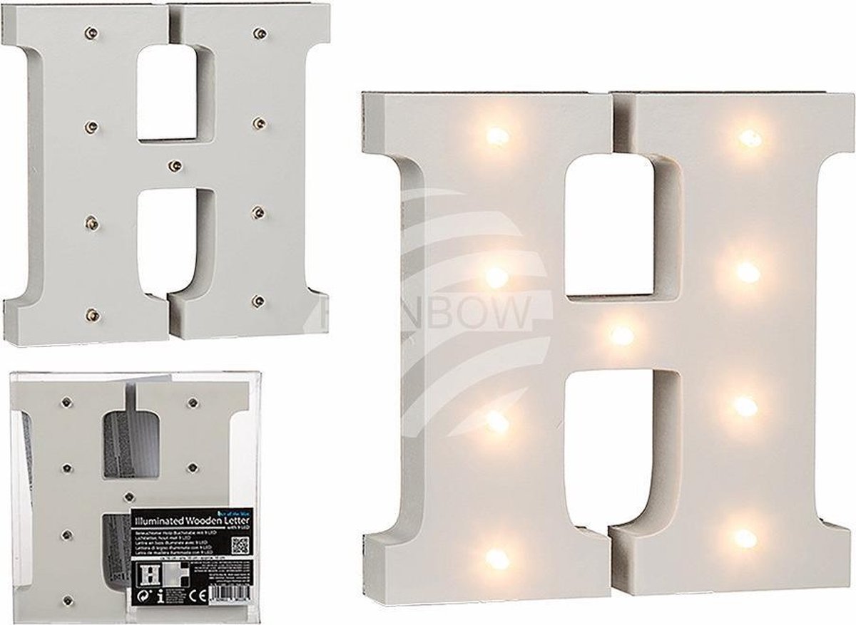 Verlichte Houten letter H - met 9 LED, ongeveer 16 cm-  2 micro-batterijen (AAA)