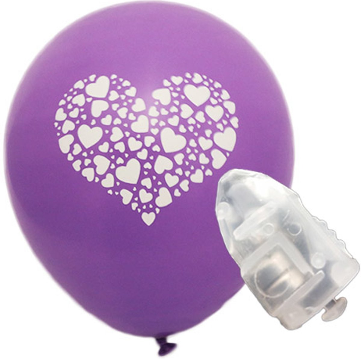 5 stuks ledverlichte Paarse ballonnen met witte hartjes in groot hart in groot hart 30 cm met losse LED-lampjes