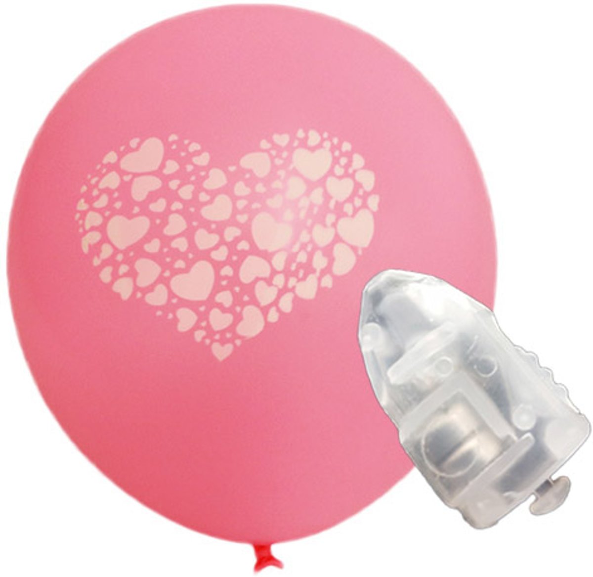 5 stuks ledverlichte Roze ballonnen met witte hartjes in groot hart in groot hart 30 cm met losse LED-lampjes