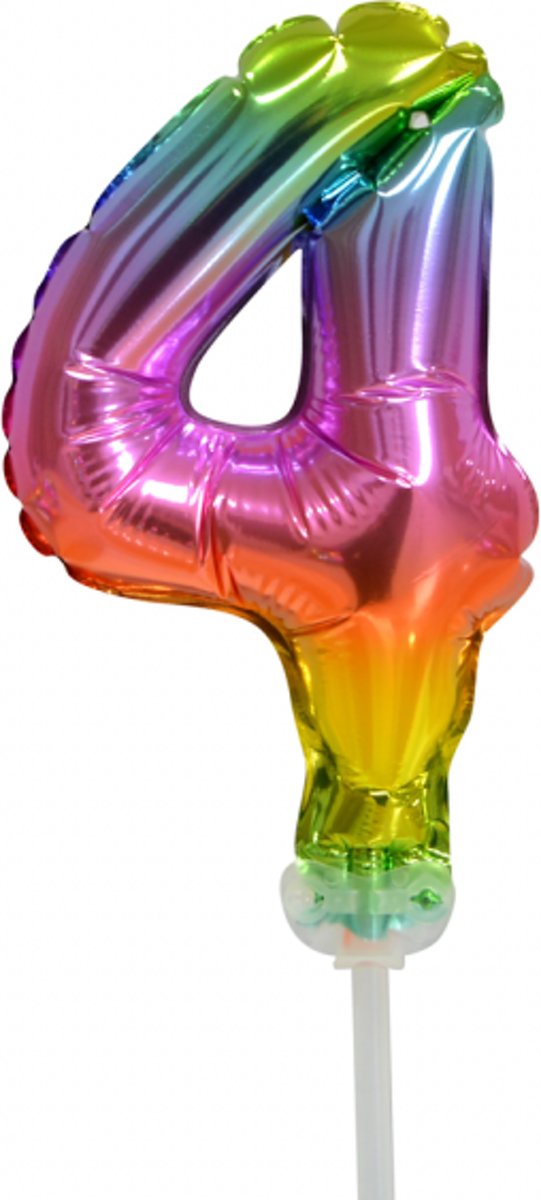 Folie ballon cijfer 4 is 13 cm groot regenboog kleuren