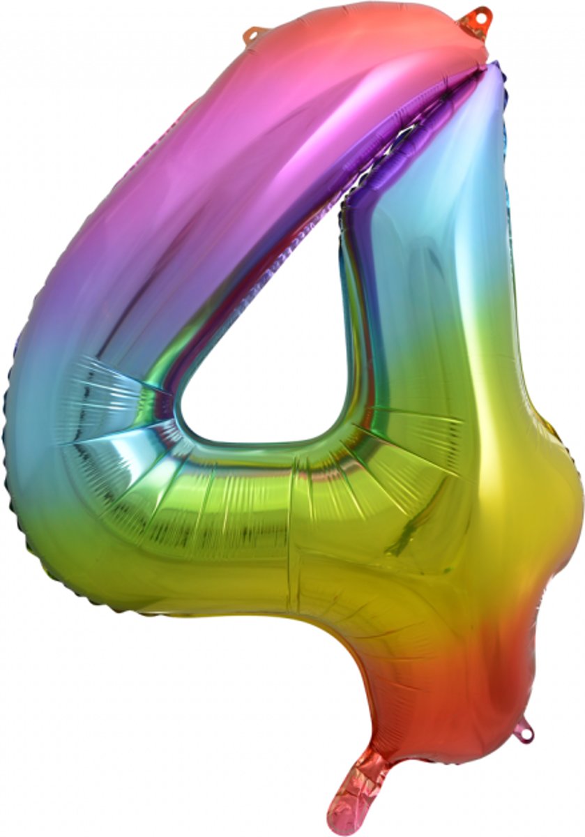 Folie ballon cijfer 4 is 86 cm groot regenboog kleuren