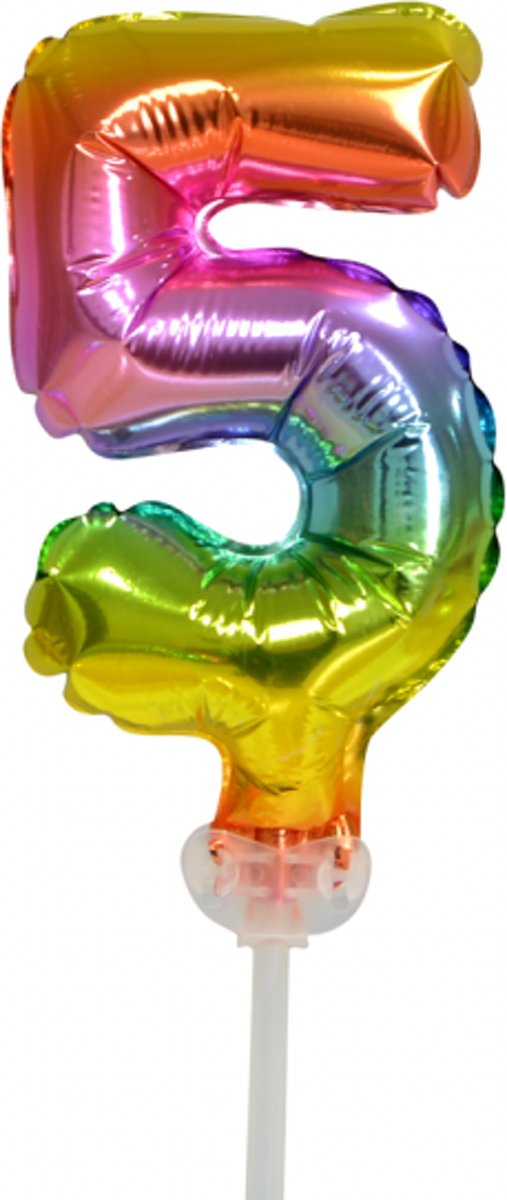 Folie ballon cijfer 5 is 13 cm groot regenboog kleuren