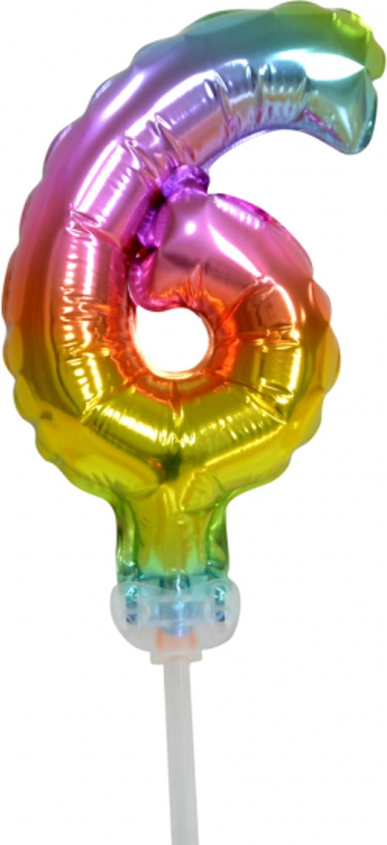 Folie ballon cijfer 6 is 13 cm groot regenboog kleuren