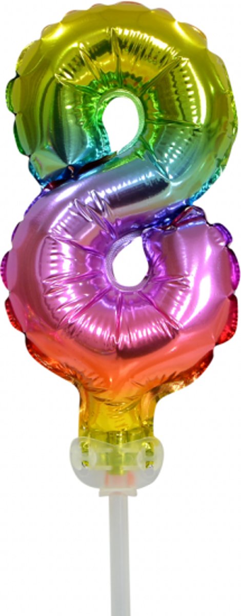 Folie ballon cijfer 8 is 13 cm groot regenboog kleuren