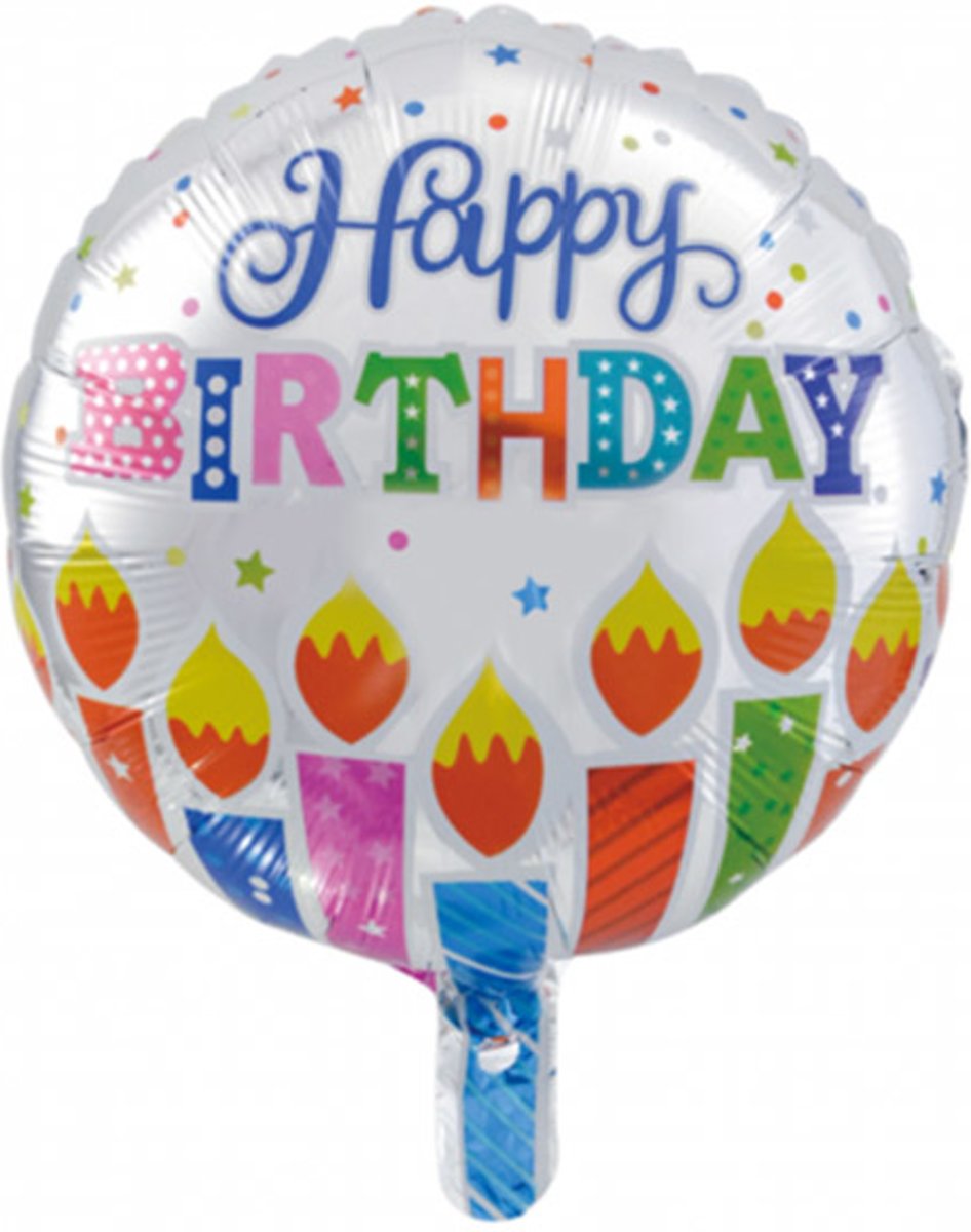 Folie ballon rond vorm 46 cm groot met tekst Happy Birthday met kaarsjes