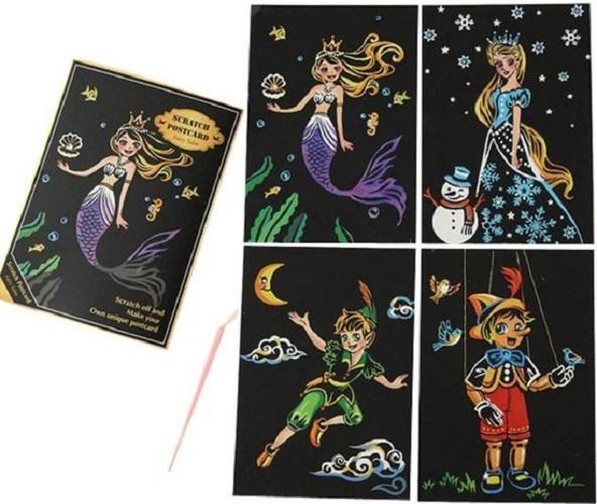 Scratch Art  Fairy Tales 4 Kras kaarten - Scratch painting cards (4 stuks)