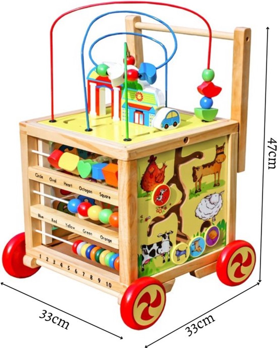 Houten Loopwagen 5-in-1 Activiteitencube - Montessori Educatief Speelgoed - Loopkar voor Peuters - 55x27.5x27.5cm