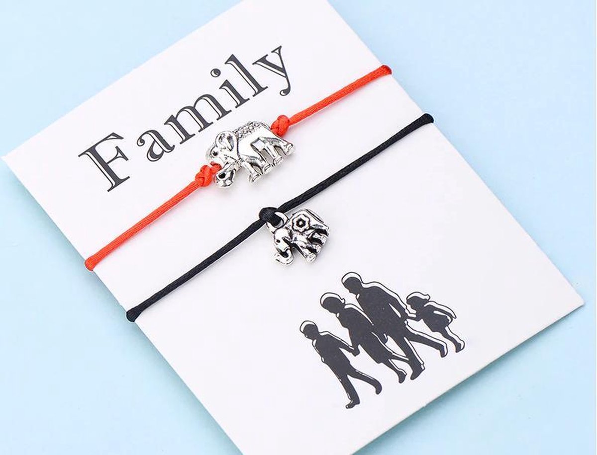 Family armband - 2 stuks - hanger olifant - rood / zwart - mama armband - moeder - vader