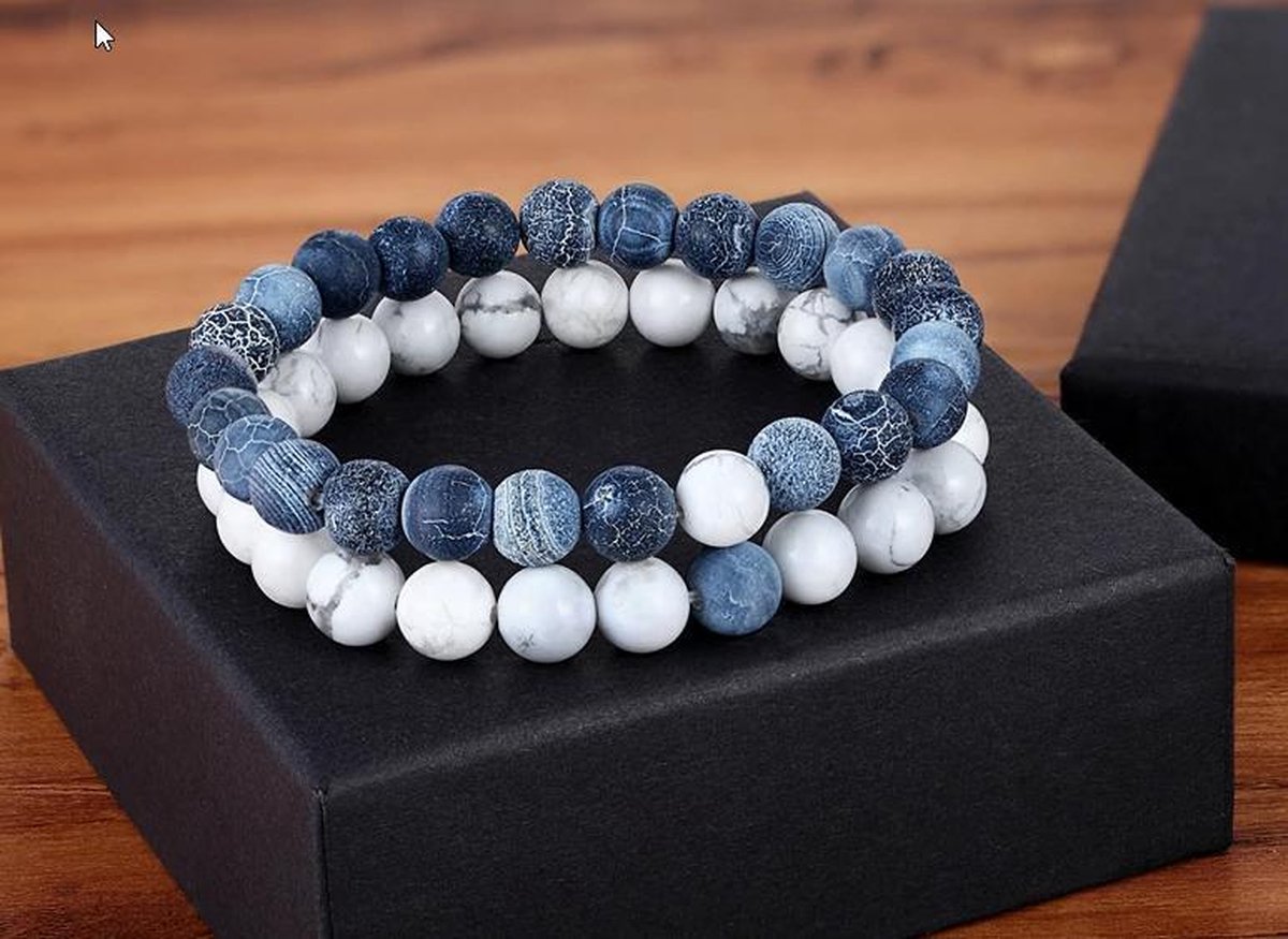 Heren armband / coupel armband - 2 stuks - wit - blauw  marmer - natuursteen