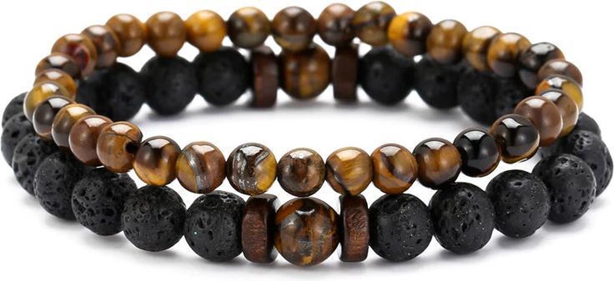 Heren kralen armband - 2 stuks - zwart lava / bruin tijgeroog  - natuursteen