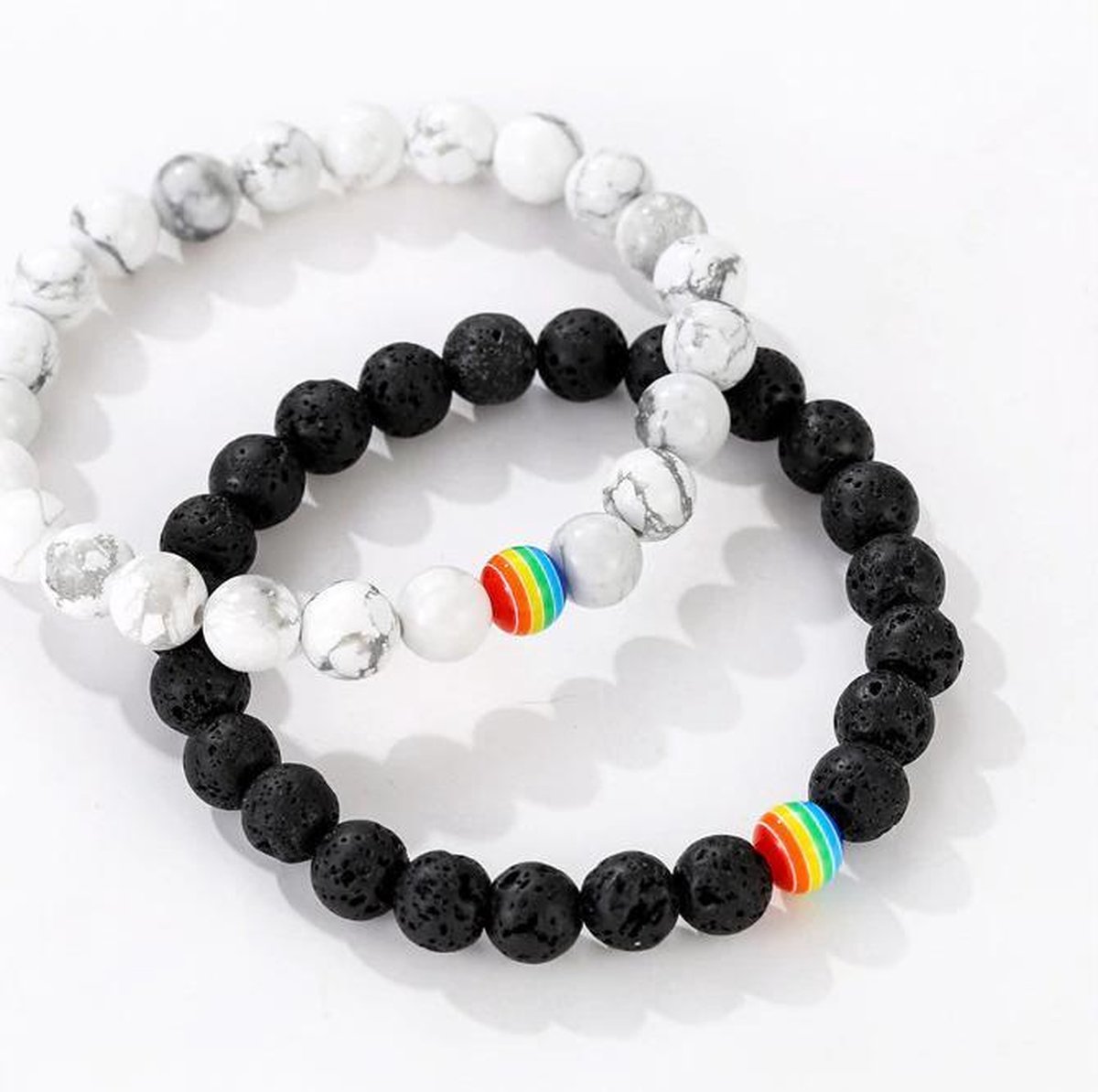 Kralen Armband met regenboog - wish armband - relatie - 2 stuks - zwart lava / wit marmer