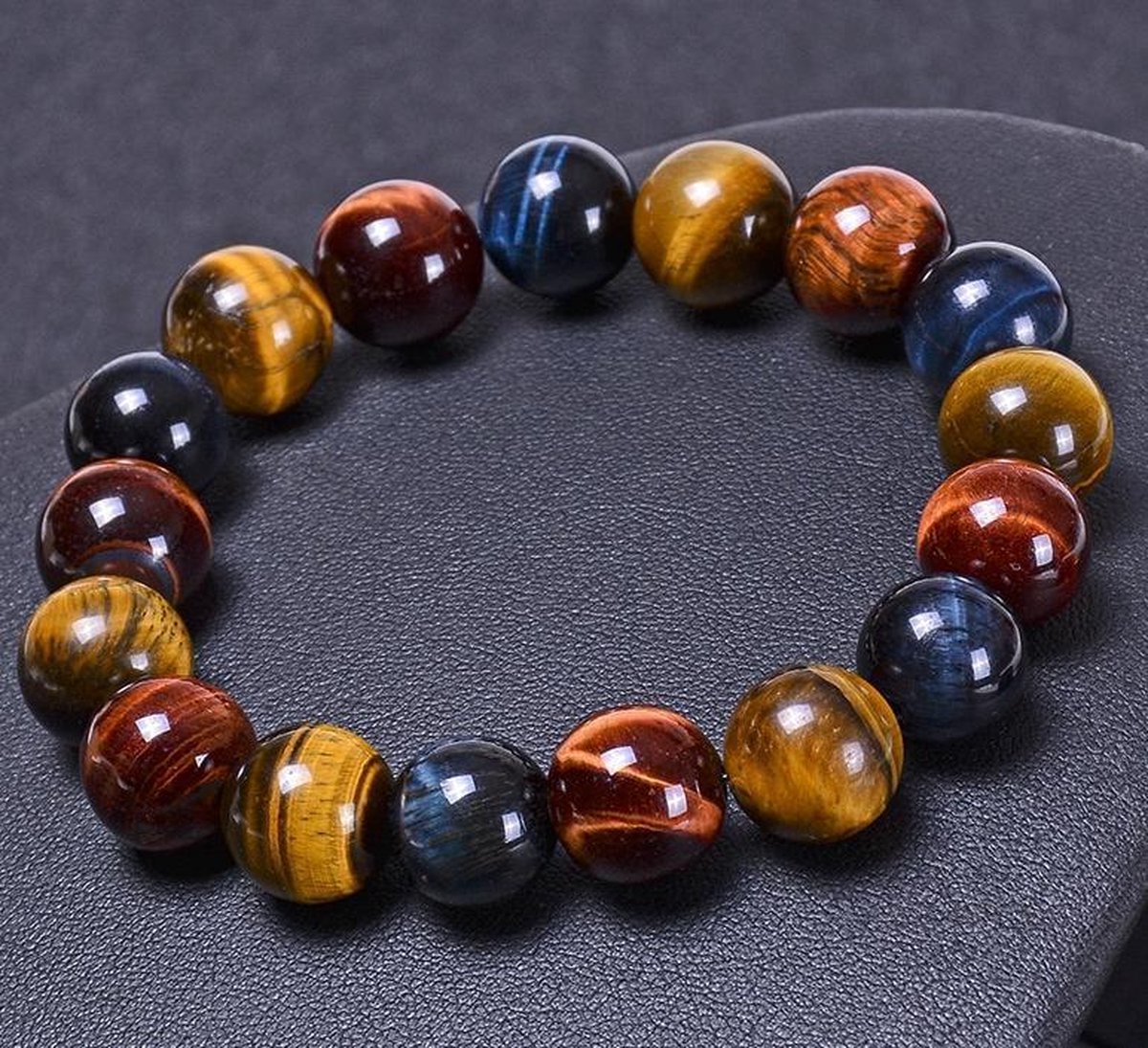 Kralen armband - heren armband - kralen 1.0cm - one size - bruin / blauw - natuursteen - tijger oog