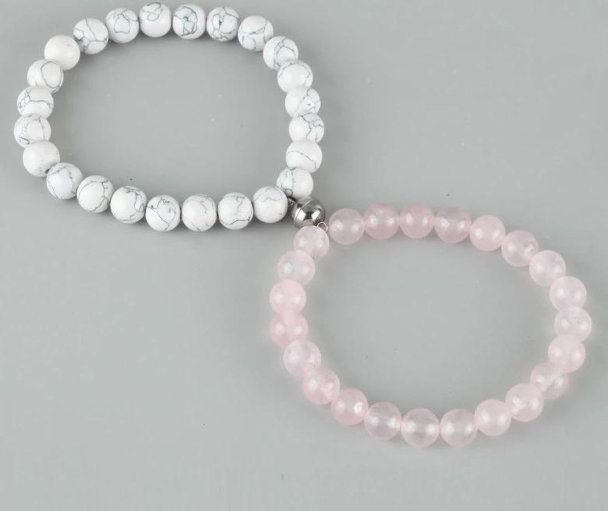 Kralen armband met magneet 2 stuks - roze - wit - natuursteen - relatie- vrienden - afstand bracelet