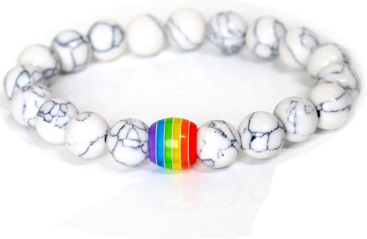 Kralen armband regenboog - wit marmer - 8 mm - pride - relatie - vriendschap - love