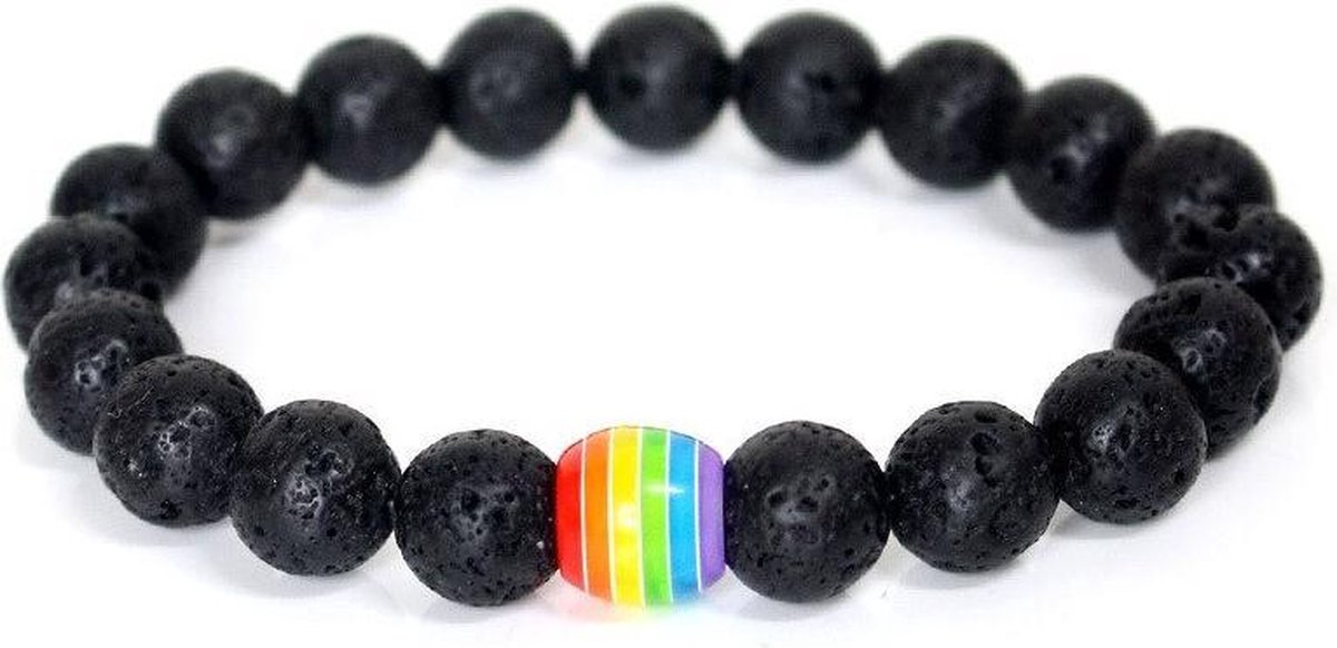 Kralen armband regenboog / zwart lava / heren / dames / relatie / met kraal regenboog - 10 mm