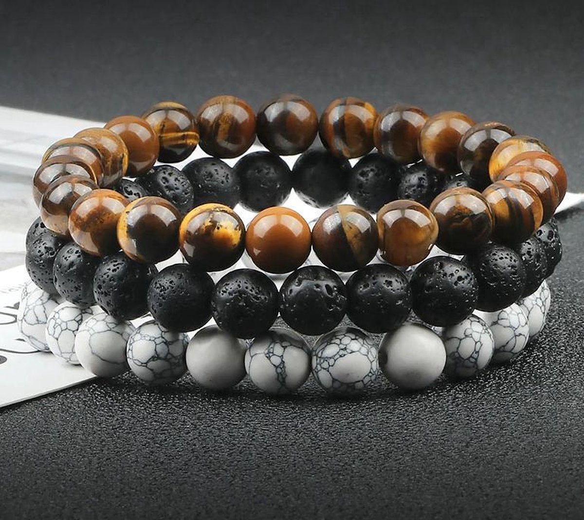 Kralen heren armband - 3 stuks - zwart / bruin / wit marmer