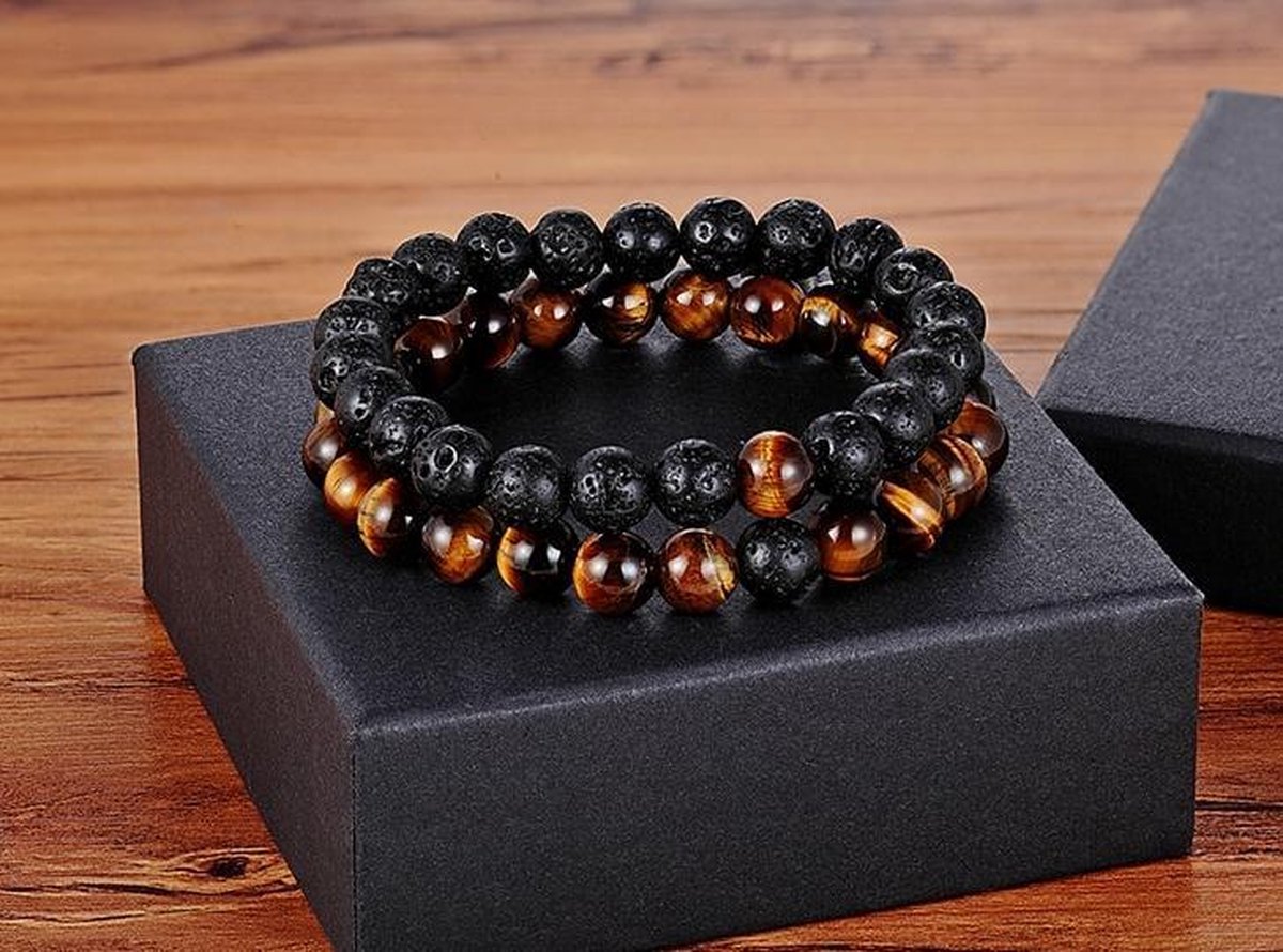 Kralen heren armband 2 stuks bruin tijgeroog - zwart lawa - coupel armband - natuursteen