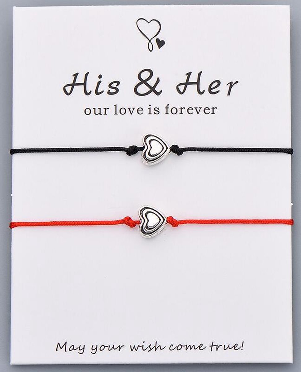 Partner armband - his / her - love - vriendschap armband - 2 stuks - zwart / rood - hanger hart